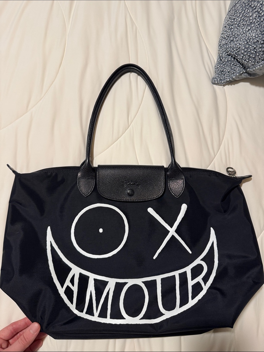 Longchamp Black Tote with White AMOUR Graphic - Picture 5 of 12